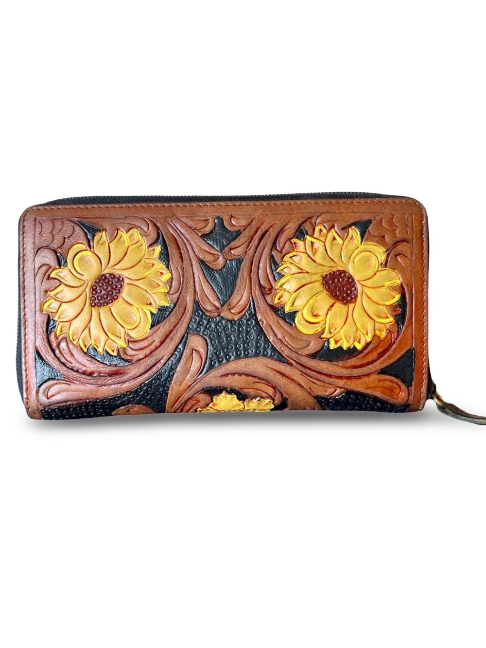 Hand Tooled Genuine Leather Wallet Aegis Yellow Sunflower Zipper Bag